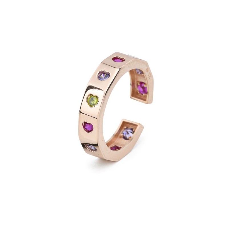 Anello a fascia placcato oro rosa con cuori di zirconi multicolor